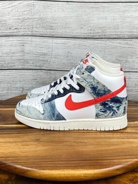 Nike Dunk High Washed Denim Pack Red Swoosh Shoes DV2181-900 Women’s Size 8